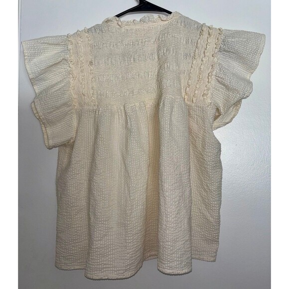 THML Anthro Butter Yellow Seersucker Smocked Tassel Flutter Sleeve Top XL - Picture 4 of 6